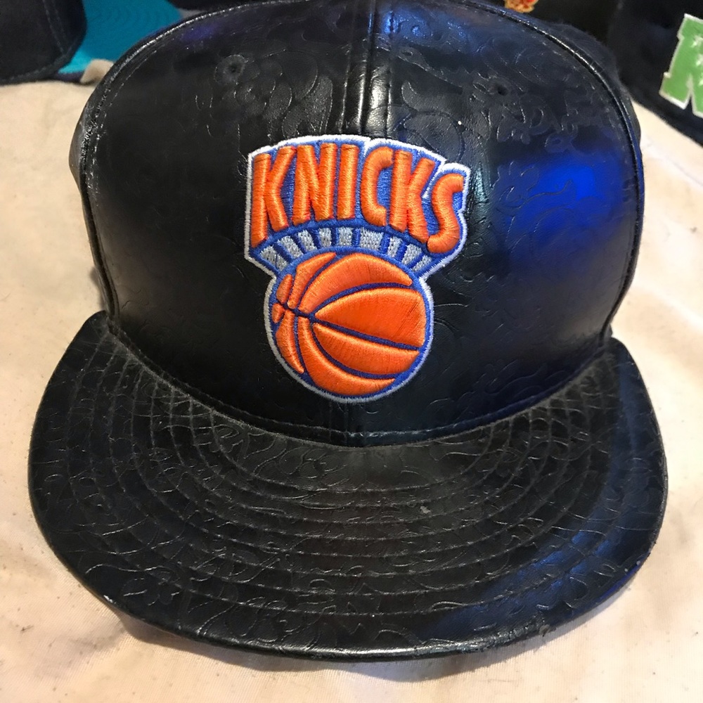 BLACK LEATHER KNICKS CAP. RARE FIND.
